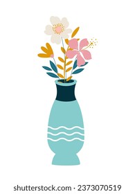 Spring flowers in a blue vase isolated on a white background. Vector.