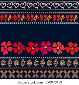 Spring flowers. Bohemian seamless pattern. Ethnic, gypsy motifs. Hand drawn tulips, poppies, doodle prints, hearts, geometric borders. Folk art boho textile collection. Dark blue, red, golden, brown.