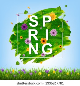 Spring Flowers Border With Grass With Gradient Mesh, Vector Illustration