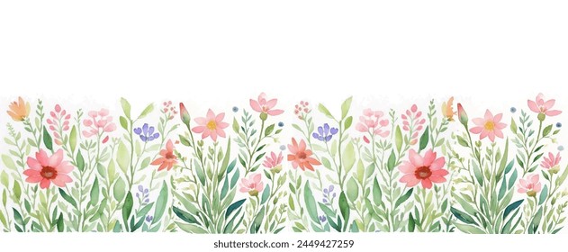 Spring Flowers Border Isolatad White Background , Vector Illustration