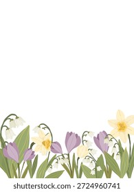 Borde de flores de primavera con azafranes morados, narcisos amarillos y gotas de nieve blancas, Ilustración vectorial de jardín floral en estilo dibujado a mano sobre fondo blanco.