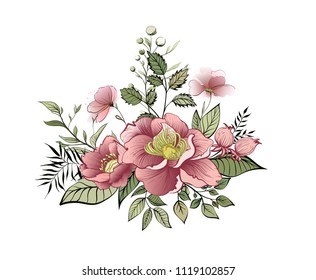 Spring flowers. Bouquet of beautiful flowers Bud garland. Label with flowers and leaves. Vector illustration