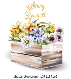 Spring flowers bouquet in a box Vector watercolor. Spring season background. Vintage romantic decors