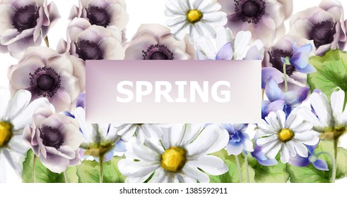 Spring flowers bouquet card Vector watercolor. Spring season background. Vintage romantic decors
