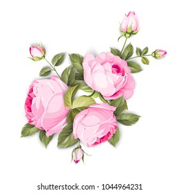 Spring flowers bouquet of color bud garland. Label with rose flowers. Vector illustration.