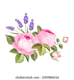 Spring flowers bouquet of color bud garland. Label with rose and lavender flowers. Vector illustration.