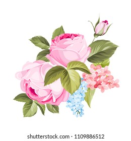 Spring flowers bouquet of color bud garland. Label with rose flowers. Vector illustration.