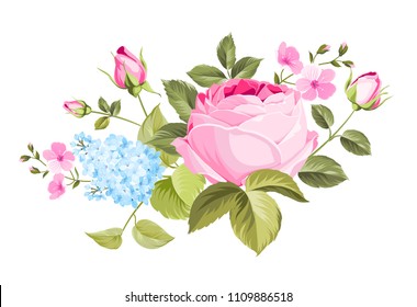 Spring flowers bouquet of color bud garland. Label with rose and lilac flowers. Vector illustration.