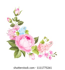 Spring flowers bouquet of color bud garland. Label with rose and lilac flowers. Vector illustration.