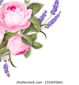 Spring flowers bouquet of color bud garland. Bouquet of aromatic lavender flowers. Invitation card template with violet flowers of lavender. Vector illustration.