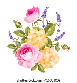 Spring flowers bouquet of color bud garland. Label with rose flowers. Vector illustration.