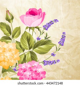 Spring flowers bouquet of color bud garland. Label with rose flowers. Vector illustration.