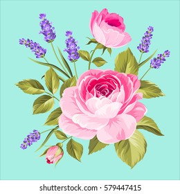 Spring flowers bouquet of color bud garland. Label with rose and lavender flowers. Vector illustration.