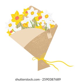 Spring flowers bouquet with craft paper. Daffodil flowers, yellow. Mothers Day, Celebrations, Wedding, Easter Holiday. Vector illustrations