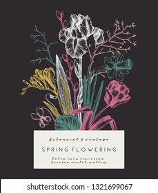 Spring flowers bouquet. Hand drawn flowers, leaves, buds, twigs. Vector botanical illustration. Vintage floral composition. Wedding decor design.