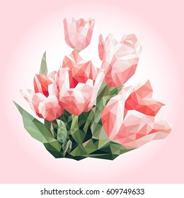Spring flowers bouquet. Low poly pink tulips. Color background. Polygonal background, card