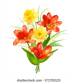 Spring flowers bouquet on white. Vector illustration. 