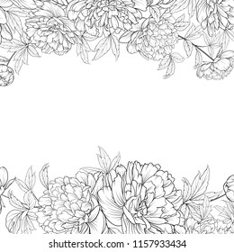 Spring flowers bouquet of peony garland. Wedding card with flowers over white background. Vector illustration.