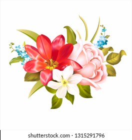 Spring flowers bouquet with rose, tulip and daffodil isolated on white. Vector illustration. 