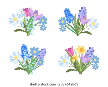 Spring Flowers Bouquet Set in Flat Style on white Background. Simple Design Bouquet of Crocus, Chamomile, Daisy, Lilies of the valley, Hyacinth, Narcissus, Tulip, Hepatica, Muscari. Botanical Design.