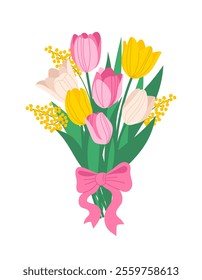 Spring flowers bouquet. Vector illustration of tulip bouquet, mimosa. Floral bouquet with bow. Gift for special day, birthday, valentines day, womens day