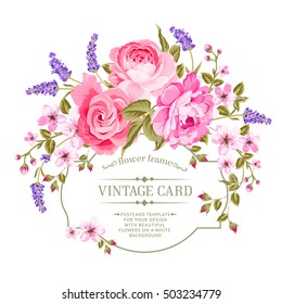 Spring flowers bouquet for vintage card. Pink peony with a vintage label isolated over white background. Vector illustration.