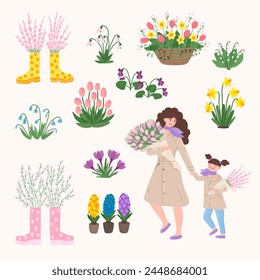 Spring flowers, bouquets in boots, mother and daughter isolated set in flat cartoon design. Bundle of tulips, narcissus, pink blooms, mom and kid in beige coats, other. Vector blooming illustration