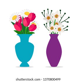 Spring flowers bouquets in vases vector isolated on white. Illustration of bouquet vase, blossom flower summer