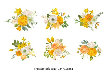 Spring flowers bouquets, yellow daffodil, rose, white fresia, eucalyptus, greenery, fern. Vector design elements set. Wedding floral summer collection for decoration, invitation, cover