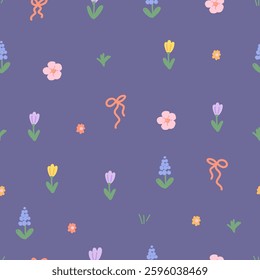 Spring Flowers with Bows Seamless Pattern Design