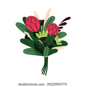 Flores de primavera. Ramo veraniego floral, regalo florecido. Flores de jardín cortadas elegantes, plantas de hojas, ramas, abejorros, pétalos modernos y hermosos. Ilustración vectorial plana aislada en fondo blanco