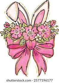 Spring Flowers with Bunny Rabbit Ears and Pink Bow Coquette Preppy Style Floral blossom vector graphic for t-shirt design