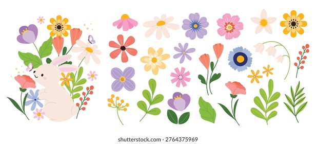 Spring flowers bunny vector set with cute rabbit, floral elements, leaves and butterflies. Hand drawn pastel botanical collection for greeting cards, nursery decor, invitations and seasonal design.