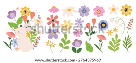Spring flowers bunny vector set with cute rabbit, floral elements, leaves and butterflies. Hand drawn pastel botanical collection for greeting cards, nursery decor, invitations and seasonal design.