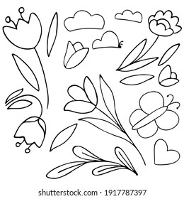 spring flowers, butterflies, clouds, coloring, vector black and white doodle element, spring set, coloring book