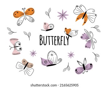 Spring flowers and butterflies. Colorful garden flower, floral decor and elegant butterfy. Insects, summer flying butterflies and flowers drawing. Isolated vector icons set