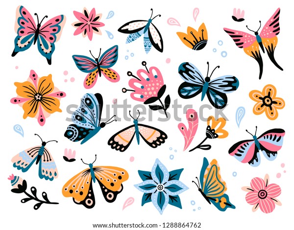 Spring flowers and butterflies. Colorful garden flower, floral decor and elegant butterfy. Insects, summer flying butterflies and flowers drawing. Isolated vector icons set