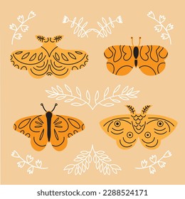 Spring flowers and butterflies. Floral decor and elegant butterfy on flate style. Insects, summer flying butterflies and flowers drawing. Isolated vector icons set for textile design