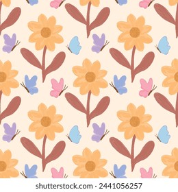 spring flowers and butterflies seamless pattern vector colorful for print surface pattern floral BEIGE background