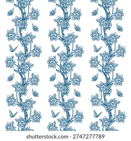 Spring flowers and butterflies seamless vertical border. Hand drawn vector illustration of daffodils in line art style. Monochrome blue clip art for Easter cards, holiday banners, wallpaper and fabric