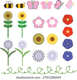 Frühlingsblumen und Schmetterlinge, Vektorgrafik mit Bienen und Naturelementen
