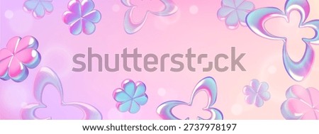 Spring flowers and butterflies y2k gradient background with holographic pink, purple and blue abstract metallic nature shapes. Vector illustration.
