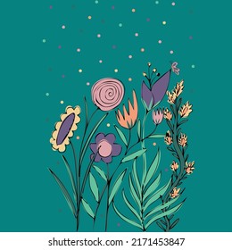 Spring flowers and butterfly - art in hand draw style. Spring mood. Vector Background for fabric, textile, wallpaper, poster, web site, card, gift wrapping paper