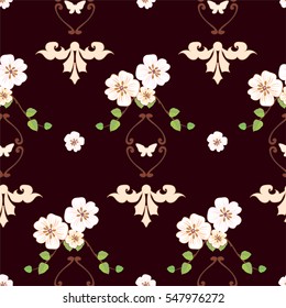 Spring flowers and butterfly background. Cherry or apple tree blossom seamless pattern. 
