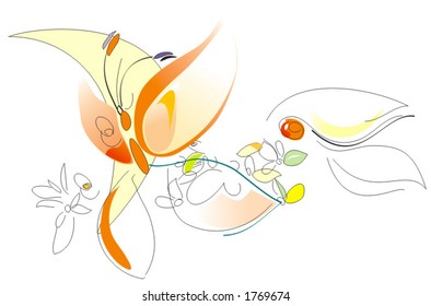 Primavera - Flores Y Mariposa - Ilustración Artística Vector