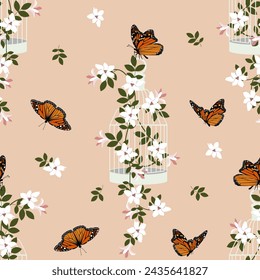 Spring flowers with cage and butterflies and butterflies on a beige background. Seamless vector illustration. For decorating textiles, packaging, wallpaper.