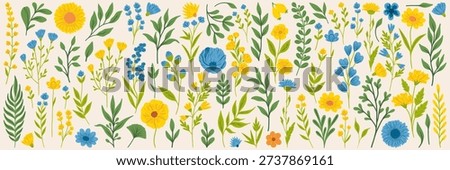 Spring flowers. Cartoon wildflowers chamomile, tulip and forget-me-not, cornflower and sage with leaves, floral botanical elements. Blossom of garden flower vector set.