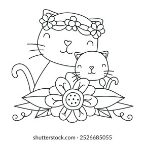 Spring flowers cat vector line drawing illustration
