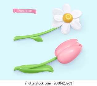 Spring flowers. Chamomile, tulip 3d render vector realistic icons. Easter decorations