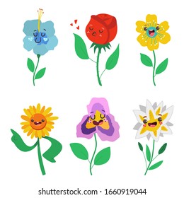 Frühlingserblühende Figuren mit süßen Emotionen Vektorillustration Cartoon einzeln auf weißem Hintergrund.
